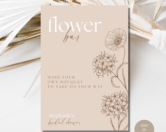 Flower Bar Sign Bridal Shower Template Beige Minimalist Bridal Shower, Flower Arrangement Bar Sign Baby Shower Beige Floral Bridal Shower