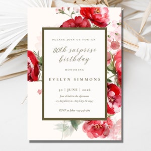 80th Surprise Birthday Invitation for Women, Floral Surprise 80th Birthday Party Invitation Template, Red Flower Birthday Invitation Peonies