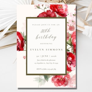80th Birthday Invitation for Women, Floral 80th Birthday Party Invitation Template, Red Flower Birthday Invitation Born in 1943 Peonies
