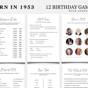 Puede incluir: Un conjunto de 12 juegos de cumpleaños imprimibles para personas nacidas en 1953. Los juegos incluyen preguntas de trivia, juegos de emparejamiento y un juego de "Esto o aquello". Los juegos están diseñados para ser divertidos y atractivos para personas de todas las edades.