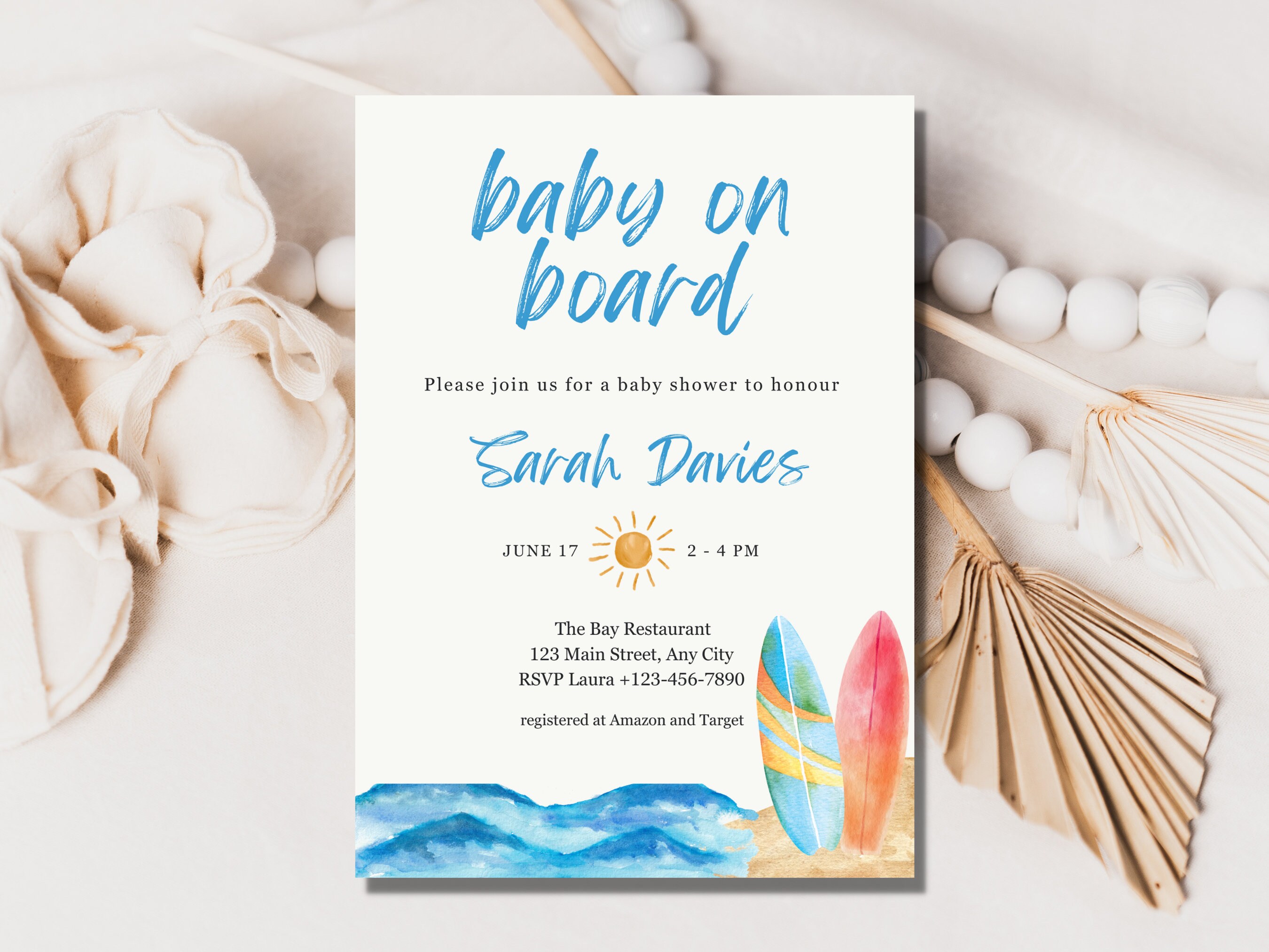 Baby on Board Shower Invite Template, Surfing Baby Shower Invitation, Summer Baby Shower Invitation, Watercolor Baby Shower Canva Template