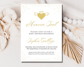 Heaven Sent Baby Shower Invitation: Gold Angel Template (Digital Download)
