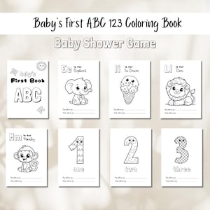 May include: Black and white coloring book pages featuring letters of the alphabet and numbers. Each page has a simple illustration of an animal, food, or number. The pages are designed for a baby shower game.