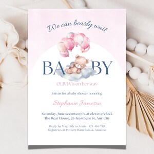 Teddybeer baby shower uitnodiging sjabloon, we kunnen Bearly wachten baby shower uitnodiging, bewerkbare baby shower uitnodiging sjabloon voor meisje