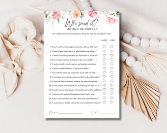 Floral Baby Shower Game: Mommy or Daddy - Guess Who Said It (Editable Template)