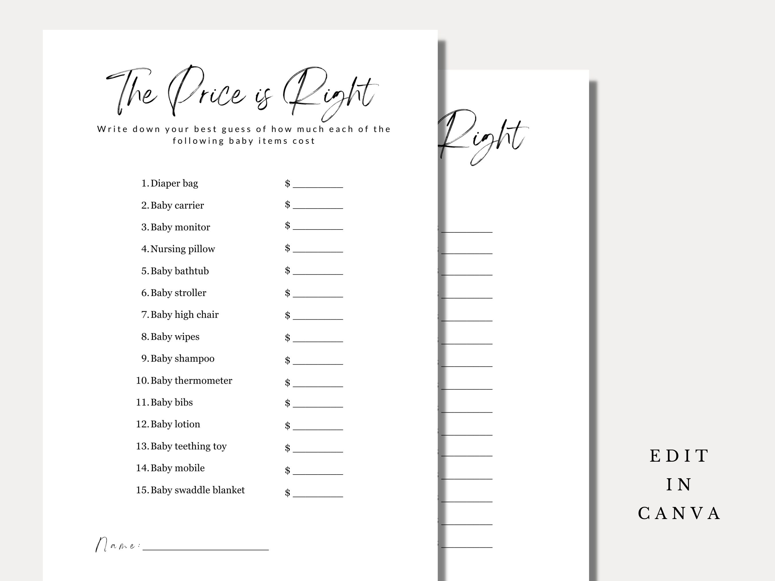 The Price is Right Baby Shower Game, Minimalist Baby Shower Game ...