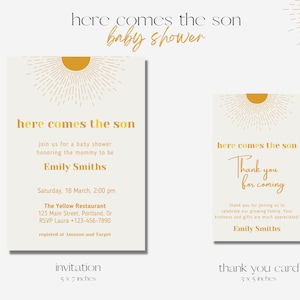 Baby Shower Here Comes the Son Einladung Sonnenschein Dankeskarte Baby Shower Bearbeitbare Canva Vorlage Minimalist Baby Shower Boy 2023
