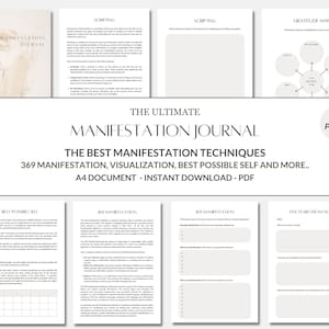 Può includere: Un diario digitale stampabile con sfondo bianco e testo nero. Il diario è intitolato "The Ultimate Manifestation Journal" e include il testo "The Best Manifestation Techniques 369 Manifestation, Visualization, Best Possible Self and More... A4 Document - Instant Download - PDF".