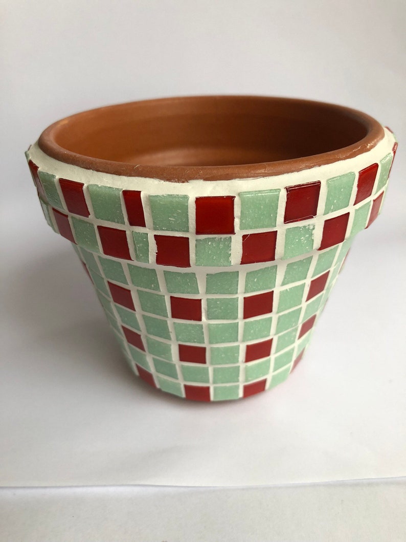 pastel green and red 11cm Glass Mosaic Plant Pot