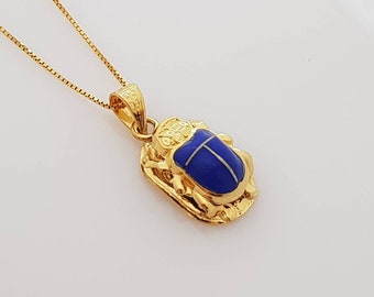 Medium Scarab Necklace, 14k Gold Vermeil Over Sterling Silver, Blue Enamel Scarab Pendant, Scarab Egyptian Luck Charm, Scarab Jewelry