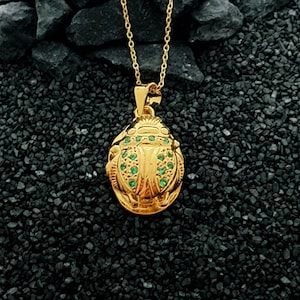 Royal Scarab Necklace, 14k Gold Vermeil Over Sterling Silver, Emerald Scarab Pendant, Egyptian Beetle Luck Charm, Scarab Jewelry