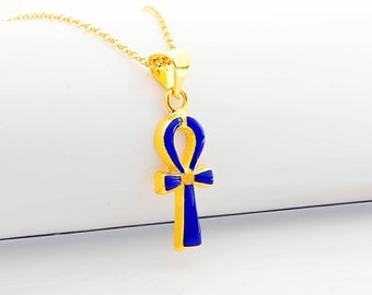 Lapis Blue Ankh Necklace: 14k Gold Vermeil Sterling Silver Pendant