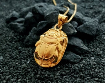 Large Double Side Scarab Necklace, 14k Gold Vermeil Over Sterling Silver Scarab Necklace, Egyptian Beetle Pendant, Scarab Jewelry