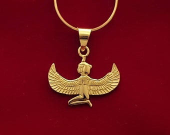 Goddess Ma&#39;at Gold Necklace, 14k Gold Vermeil Over Sterling Silver, Winged Ma&#39;a Pendant, Goddess Ma&#39;at Pendant, Kneeling Ma&#39;at Jewelry