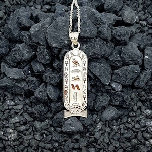 Customized Cartouche Pendant, Sterling Silver Winged Scarab Necklace, Your Name in Heiroglaphic Symbols, Personalized Egyptian Jewelry.