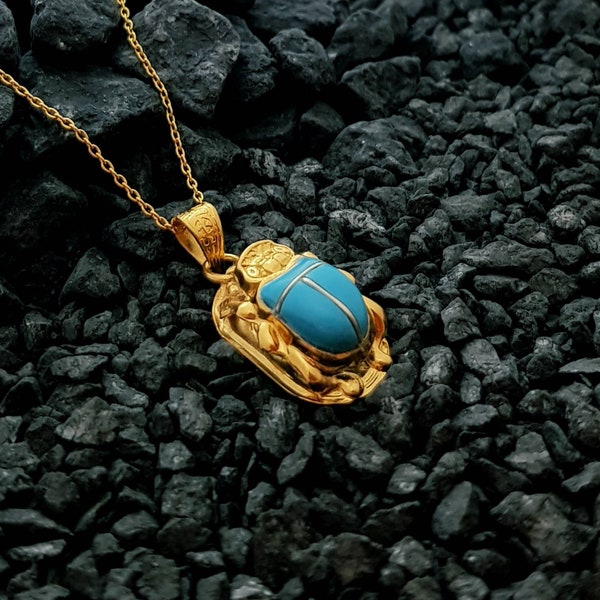 Small Scarab Necklace, 14k Gold Vermeil Over Sterling Silver, Turquoise Scarab Pendant, Scarab Amulet Egyptian Luck Charm, Scarab Jewelry