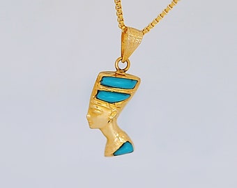 18k Solid Gold Nefertiti Pendant, Turquoise Nefertiti, Lapis Lazuli Nefertiti, Nefertiti Necklace, Queen Nefertiti Jewelry.