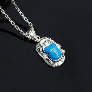 Small Egyptian Scarab Necklace, Sterling Silver and Blue Enamel Scarab Necklace, Scarab Beetle Pendant, Scarab Jewelry
