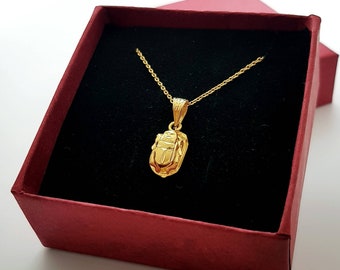 18k Solid Gold Scarab Necklace, Double Side Scarab Pendant, Real Gold Scarab Jewelry