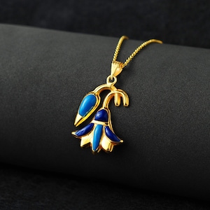 Medium Gold Lotus Necklace, 14k Gold Vermeil overSterling Silver Louts Necklace, Blue Louts Pendant, Lotus Jewelry