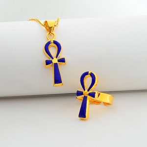 Gold Ankh Ring and Necklace, Ankh Set 14k Gold Vermeil over Sterling Silver, Lapis Blue Ankh Set, Egyptian Revival, Gold Ankh Jewelry.