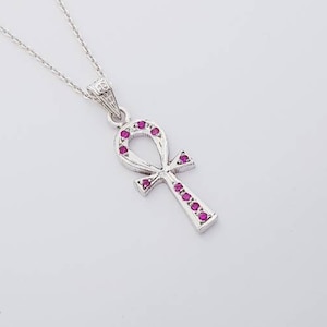 Large Ankh Cross Sterling Silver Necklace, Ruby Gemstones Ankh Pendant, Key of Life Egyptian Ankh Jewelry.