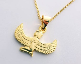 Large Goddess Ma&#39;at Necklace, 14k Gold Vermeil over Sterling Silver, Ma&#39;at Pendant, Egyptian Gold Ma&#39;at Jewelry