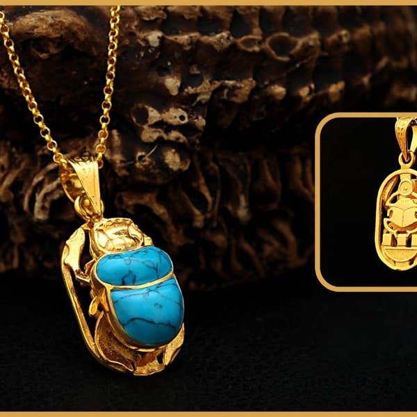 Collier scarabée bleu, pendentif scarabée turquoise naturel, or vermeil 14 carats sur argent sterling, scarabée bleu, bijoux scarabée double face.