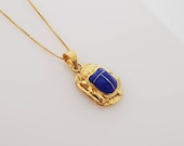 Egyptian Scarab Necklace, 14k Gold over Sterling Silver, Blue Enamel Scarab Pendant, Scarab Egyptian Luck Charm, Scarab Jewelry