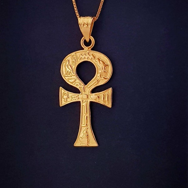 Collar de Ankh de oro, Vermeil de oro de 14 k sobre plata de ley, Cruz de Ankh egipcia, Colgante de Ankh, Collar de Ankh heiroglífico