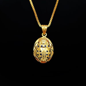 Royal Scarab Necklace, 14k Gold Vermeil Over Sterling Silver, Sapphire Scarab Pendant, Egyptian Beetle Luck Charm, Scarab Jewelry