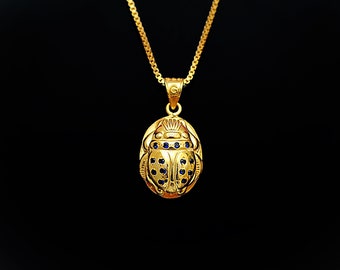 Koninklijke Scarab ketting, 14k goud Vermeil over sterling zilver, saffier Scarab hanger, Egyptische kever geluk charme, Scarab sieraden