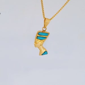 Small Double sided Gold Nefertiti Necklace, 14k Gold Vermeil Over Sterling Silver with Blue and Turquoise Enamel, Egyptian Necklace.