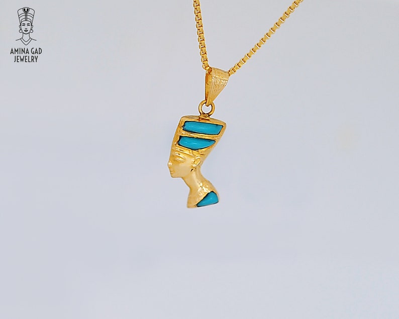 Egyptian Necklace. 14k Gold Vermeil Over Sterling Silver with Blue and Turquoise Enamel Small Double sided Gold Nefertiti Necklace