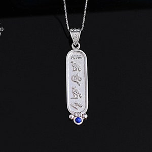 Lapis Cartouche Necklace, Sterling Silver with Natural Lapislazuli, Egyptian Heiroglaphic Symbols, Personalised Cartouche Pendant.