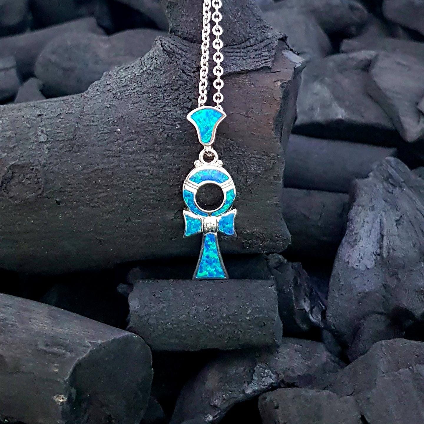 Sterling Silver Ankh Necklace: Blue Opal Egyptian Cross Pendant - Etsy