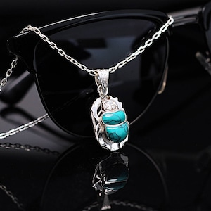 Medium Scarab Necklace, Green Tourqise Sterling Silver Scarab Necklace, Doublesided Beetle Necklace, Egyptian Scarab Jewelry