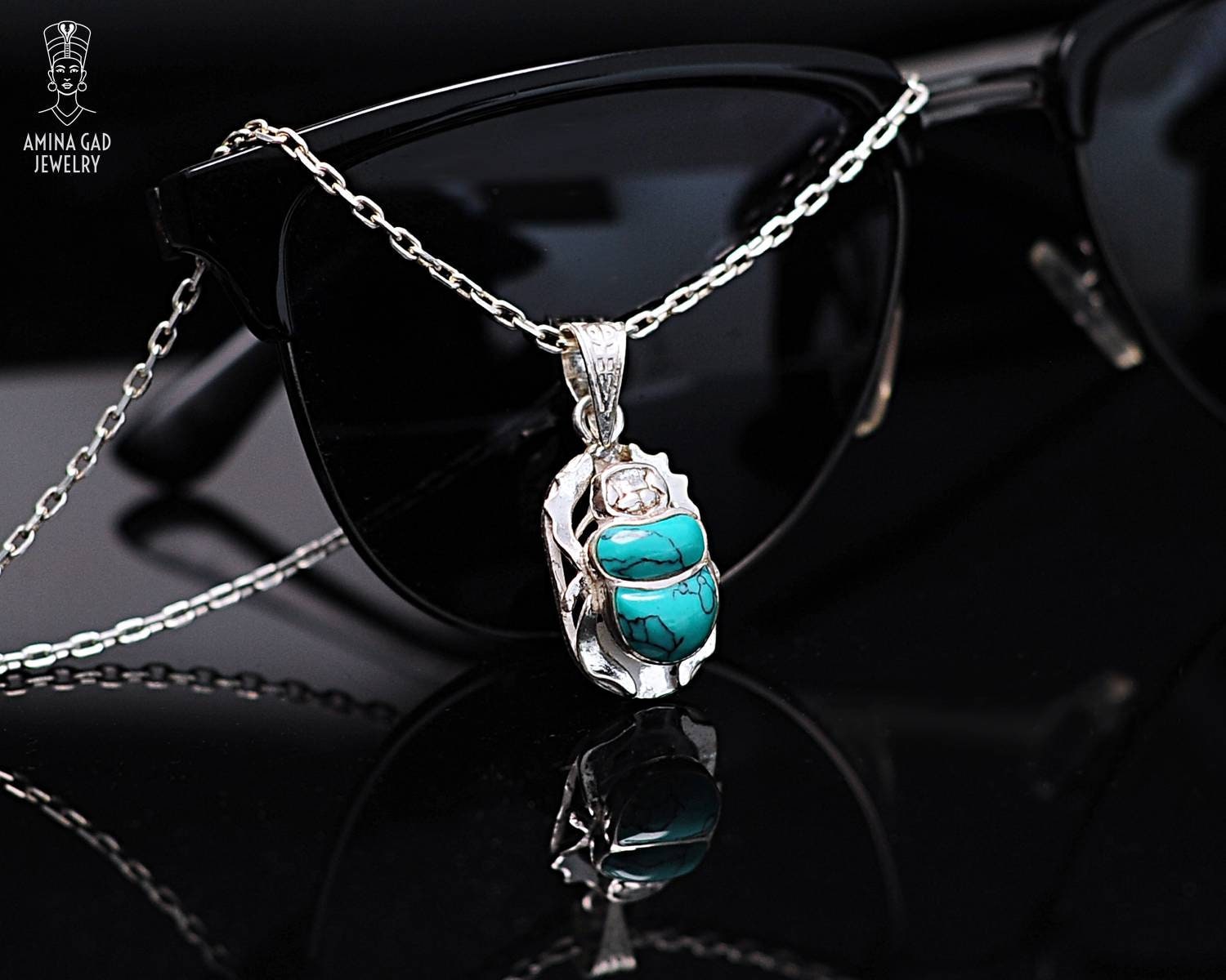 Collier Scarabée Ailé égyptien En Argent Sterling - Turquoise Et Lapis Lazuli, Neuf Sans Emballage