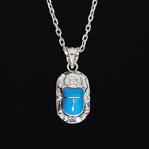 Medium Egyptian Scarab Necklace, Sterling Silver and Blue Enamel Scarab Necklace, Scarab Beetle Pendant, Scarab Jewelry