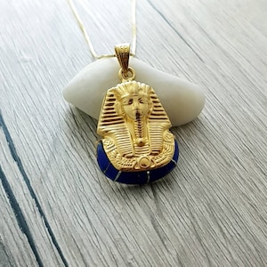King Tutankhamun Necklace, 14  Gold Vermeil Sterling Silver, Blue Enamel King Tut Pendant, Egyptian Necklace.