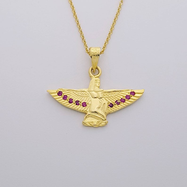 Large Isis Gold Necklace 14k Gold Vermeil Over Sterling Silver /& Red Ruby Handmade Egyptian Goddess Isis Pendant.