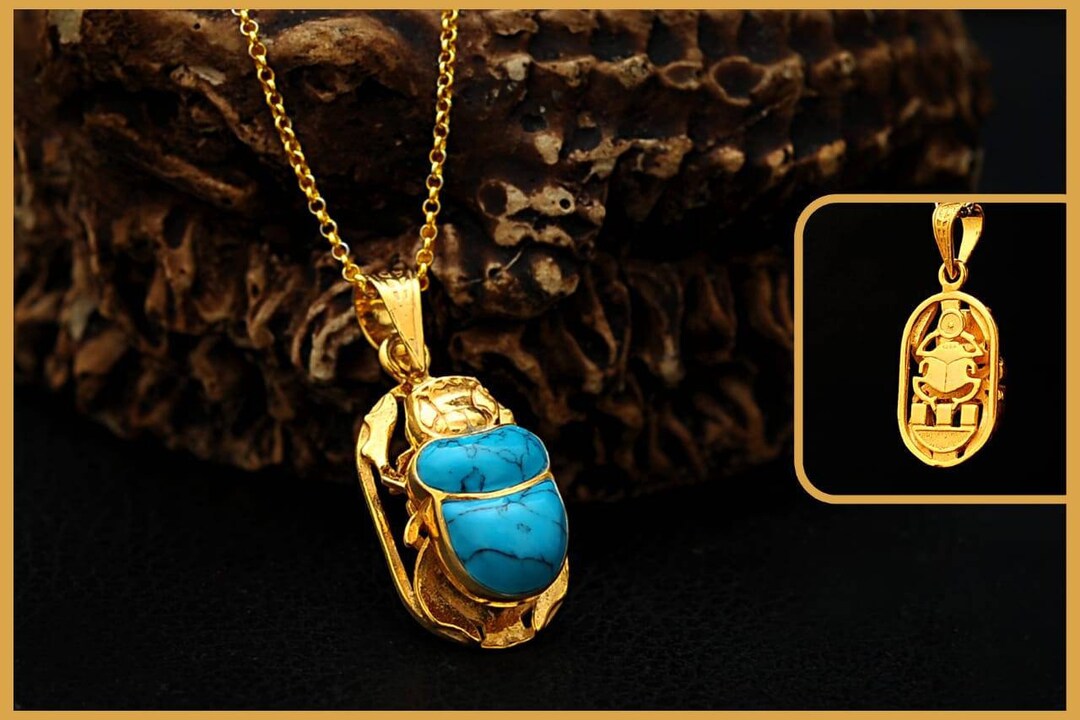 ブルー スカラベ ネックレス、天然ターコイズ スカラベ ペンダント