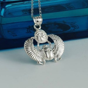 Winged Scarab Necklace, Sterling Silver Scarab Necklace, Winged Scarab Pendant, Egyptian Scarab Jewelry