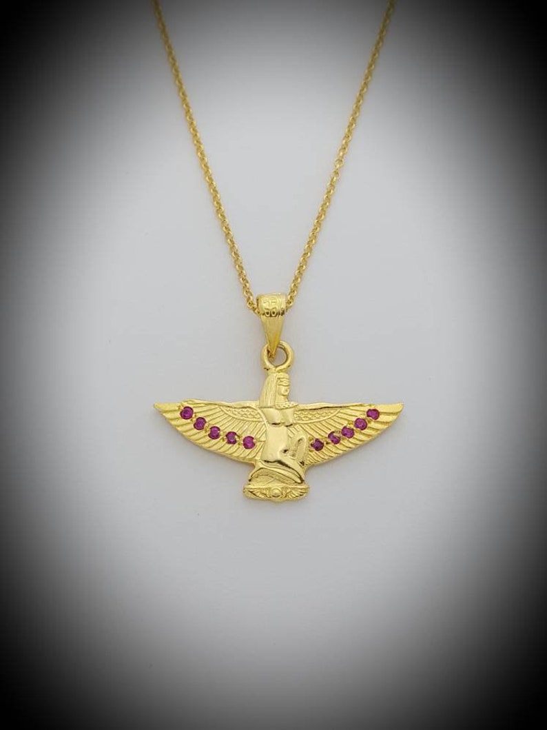 Large Isis Gold Necklace 14k Gold Vermeil Over Sterling Silver /& Red Ruby Handmade Egyptian Goddess Isis Pendant.