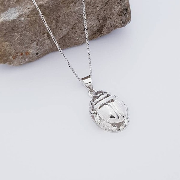 Medium Sterling Silver Scarab Necklace, Egyptian Scarab Luck Charm Necklace, Unique Scarab Jewelry