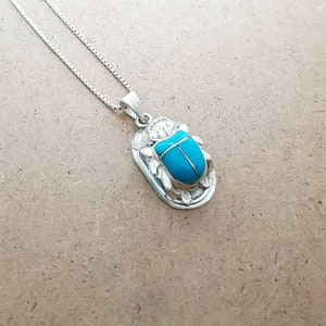 Large Egyptian Scarab Necklace, Sterling Silver and Blue Enamel Scarab Necklace, Scarab Beetle Pendant, Scarab Jewelry