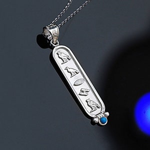 Personalized Cartouche Necklace, Sterling Silver with Natural Tourqise, Egyptian Heiroglaphic Symbols, Customized Cartouche Pendant.
