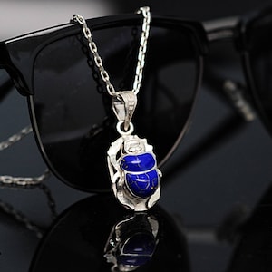 Lapis lazuli Scarab Necklace, Sterling Silver Scarab Necklace, Blue Scarab Pendant, Egyptian Beetle Jewelry