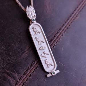 Emerald Cartouche Necklace, Your Name in Egyptian Symbols, Scarab Cartouche Pendant, Customized Cartouche Jewelry.