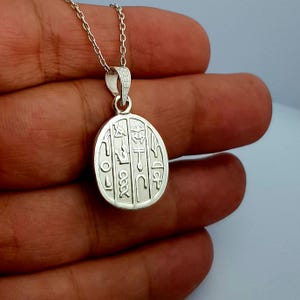 Silver Scarab Necklace, Double Side Scarab Pendant, Sterling Silver Scarab Necklace, Egyptian Beetle Pendant, Heiroglaphic Symbols.